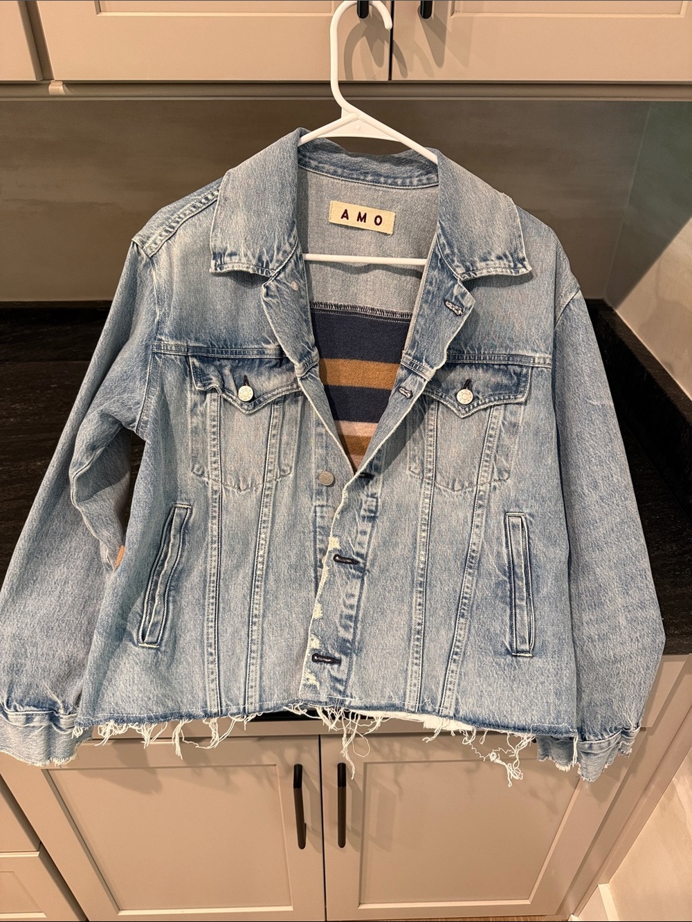AMO Light Blue Distressed Denim Trucker Jacket